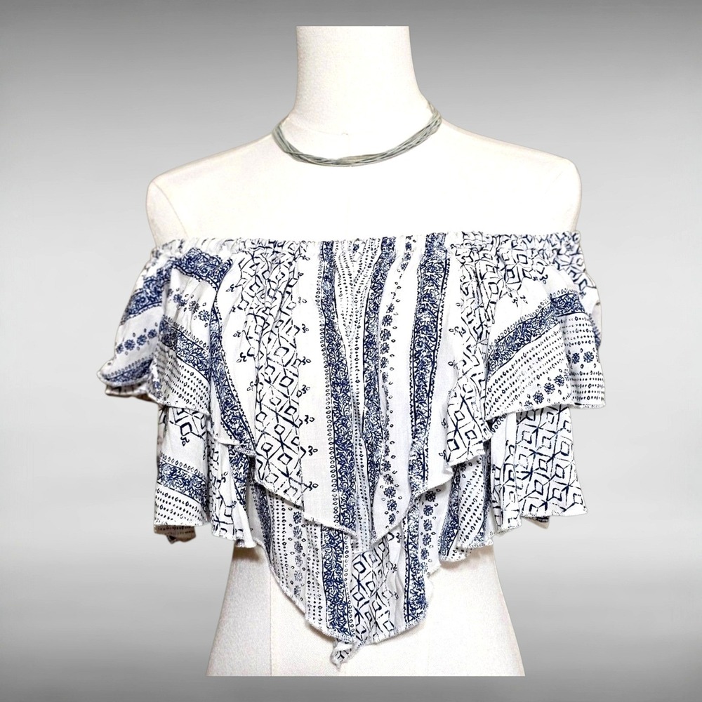 Ren Faire Boho Peasant Tile Print Off Shoulder Coastal Ruffle Crop Top Womens M